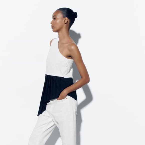 BNWT ZARA TOP WITH CONTRASTING HEM BLACK AND WHITE ASYMMETRIC NECKLINE SMALL - Picture 3 of 8
